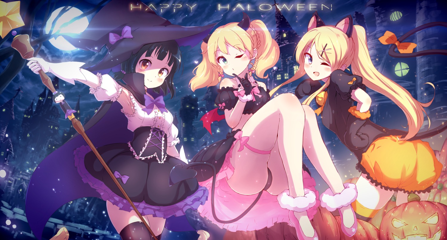 alice_cartelet animal_ears garter halloween horns kin'iro_mosaic kujou_karen nekomimi nitro_(mugityaoisii) oomiya_shinobu pantsu tail thighhighs weapon wings witch