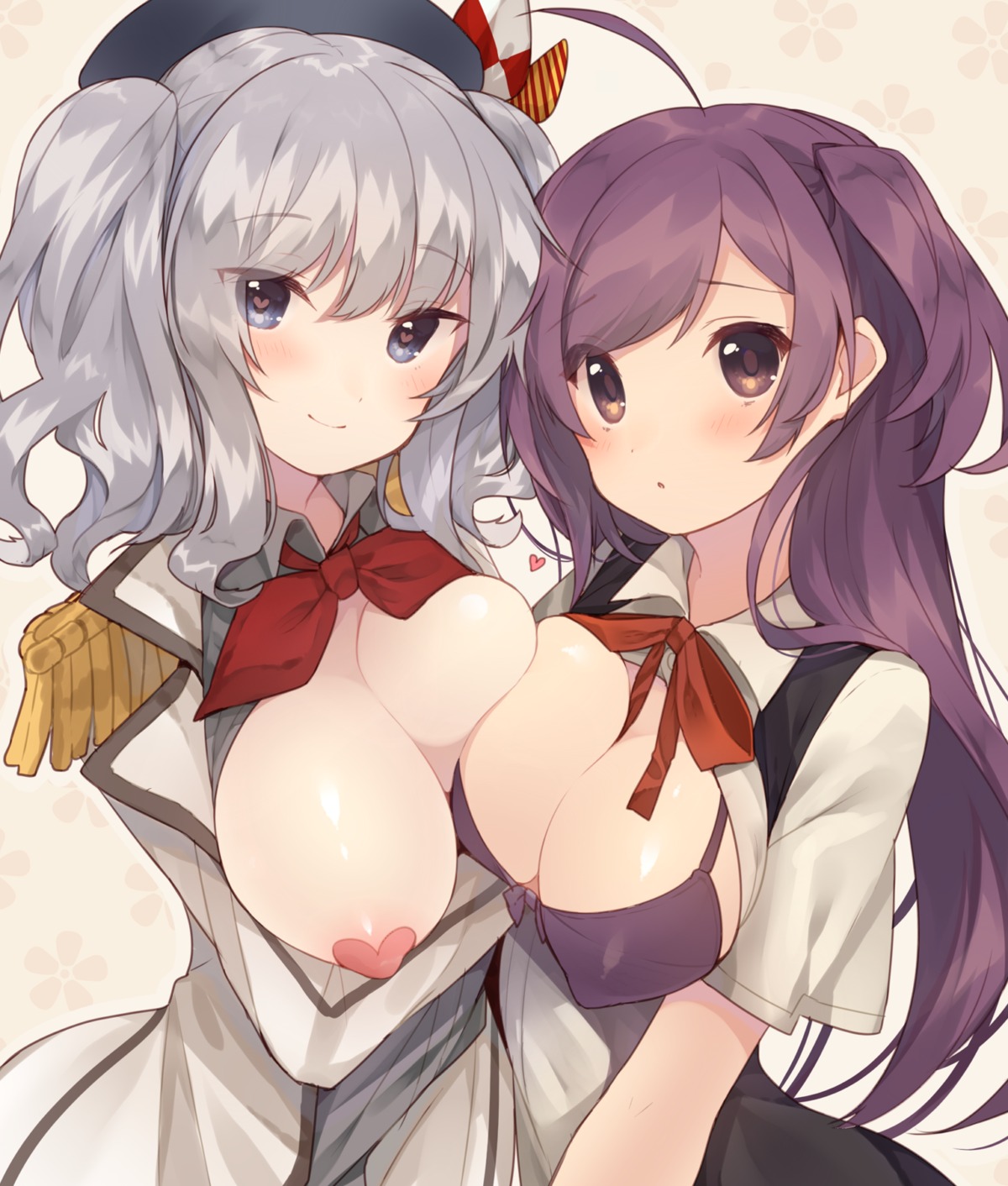 areola bra breasts cleavage erect_nipples hagikaze_(kancolle) kantai_collection kashima_(kancolle) no_bra open_shirt pasties uniform usamata