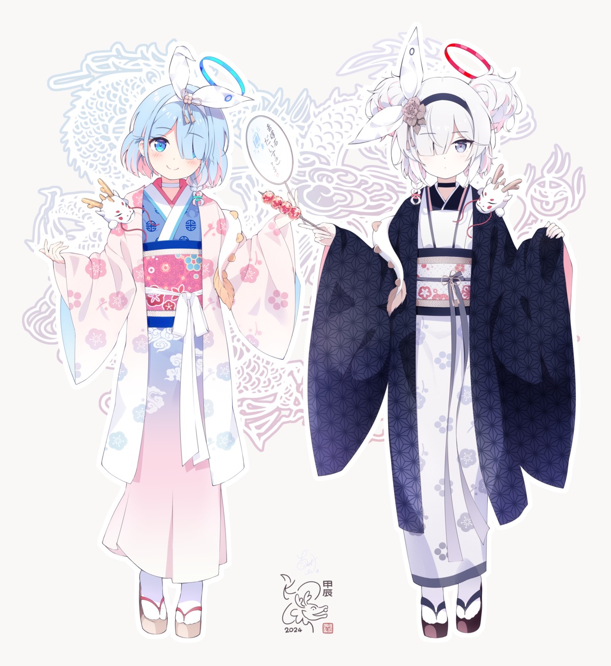 arona_(blue_archive) blue_archive halo i-tsd japanese_clothes kimono plana_(blue_archive)