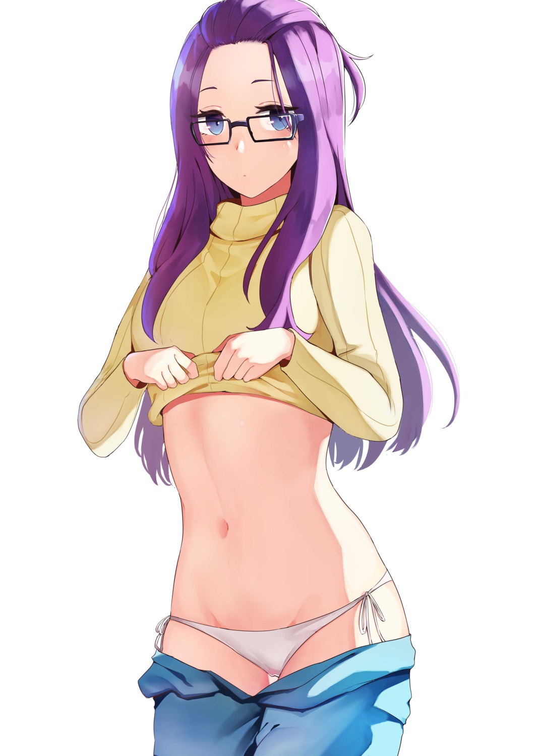 kagamihara_sakura megane pantsu rororo shirt_lift string_panties sweater undressing yurucamp