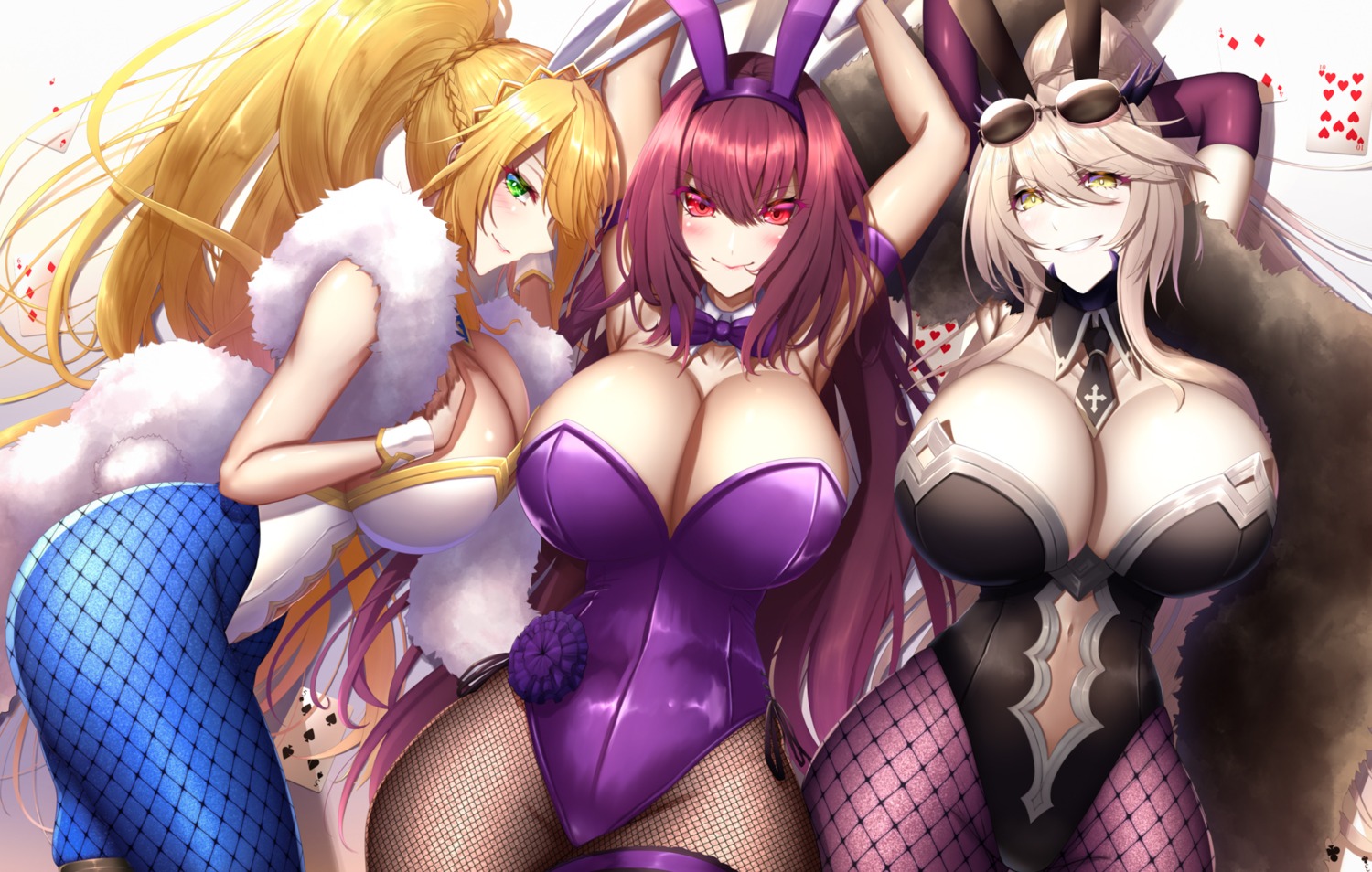 animal_ears artoria_pendragon_(lancer_alter) artoria_pendragon_(swimsuit_ruler)_(fate) bunny_ears bunny_girl fate/grand_order fishnets garter megane no_bra pantyhose scathach_(fate/grand_order) shiroshisu tail