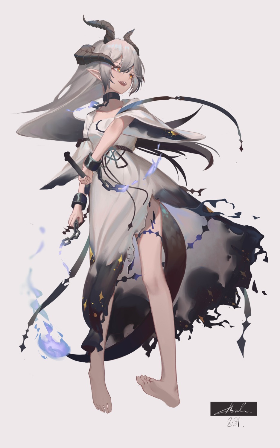 anhao1224 dress garter horns pointy_ears sword tail torn_clothes