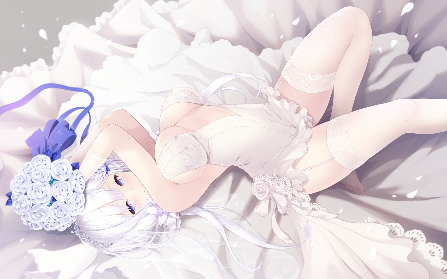 azur_lane cait dress illustrious_(azur_lane) no_bra stockings thighhighs wedding_dress