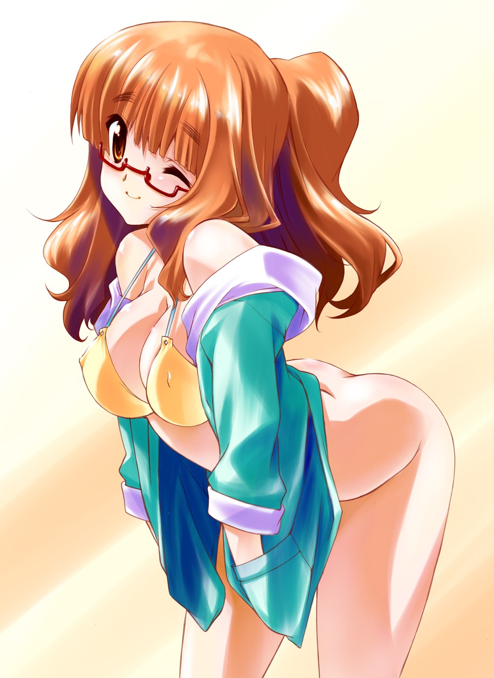 bikini bottomless cleavage erect_nipples girls_und_panzer megane open_shirt senomoto_hisashi swimsuits takebe_saori