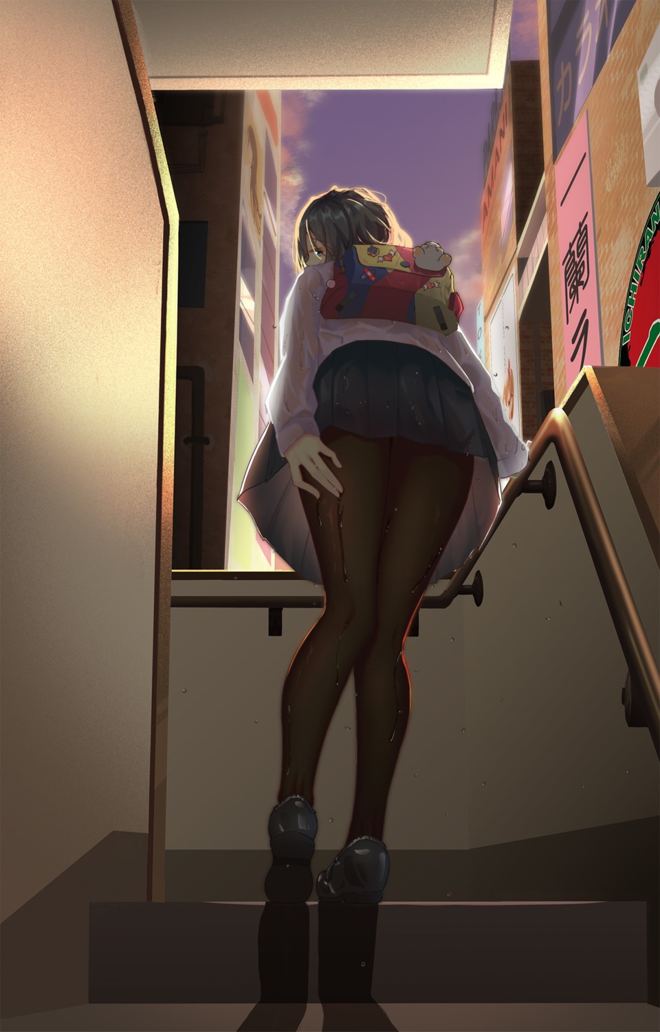 pantyhose ratten-fanger see_through seifuku skirt_lift wet_clothes