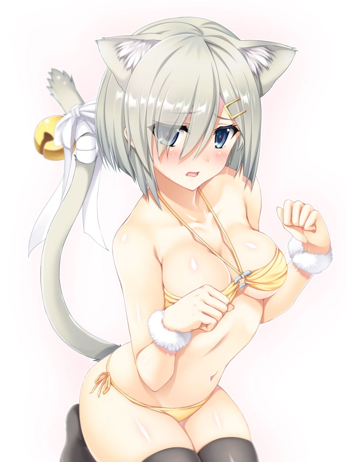 animal_ears bikini cleavage hamakaze_(kancolle) kantai_collection moeki_yuuta nekomimi swimsuits tail thighhighs underboob