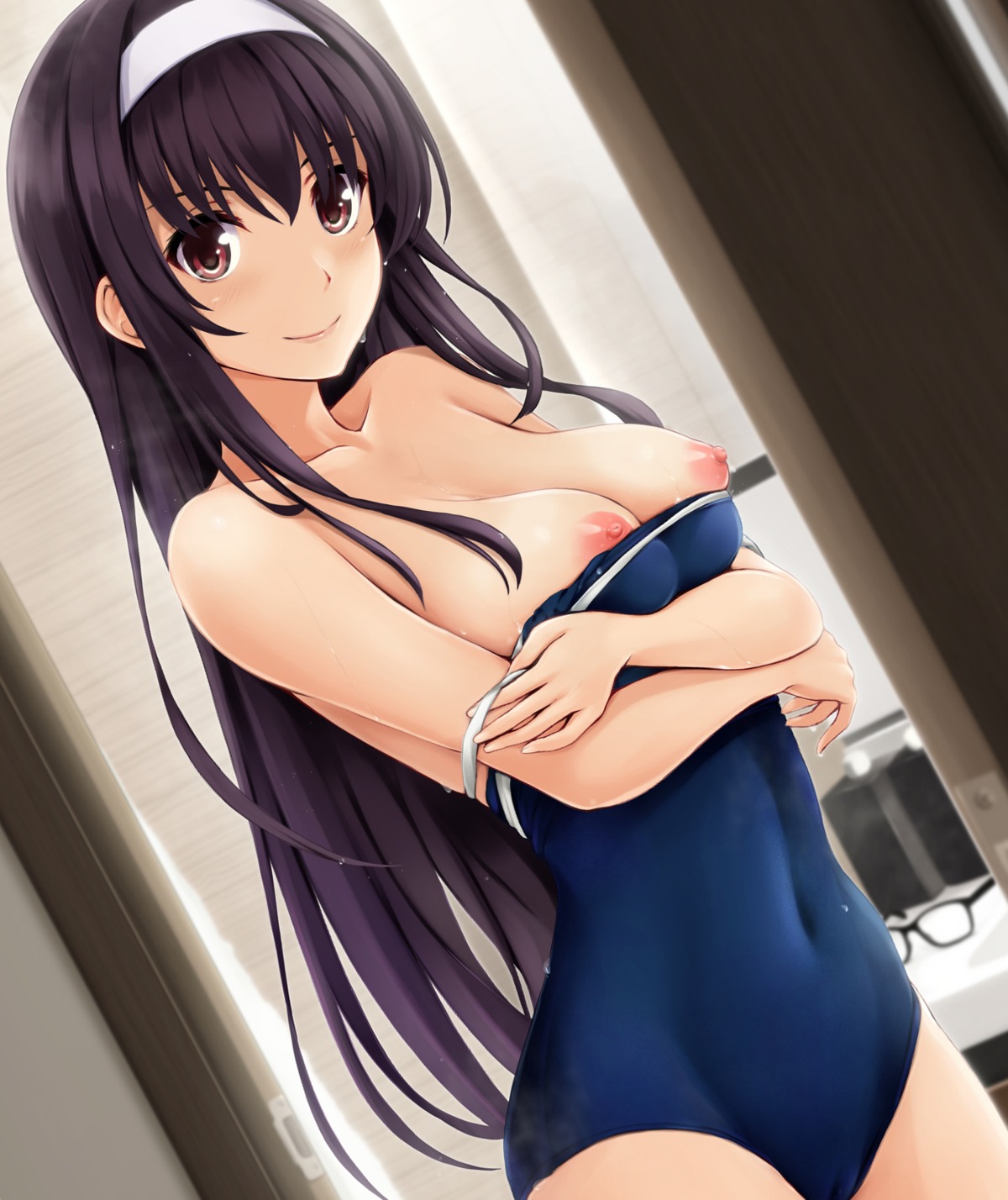 breast_hold breasts cameltoe kasumigaoka_utaha nipples nonaka_ritsu saenai_heroine_no_sodatekata school_swimsuit swimsuits undressing wet