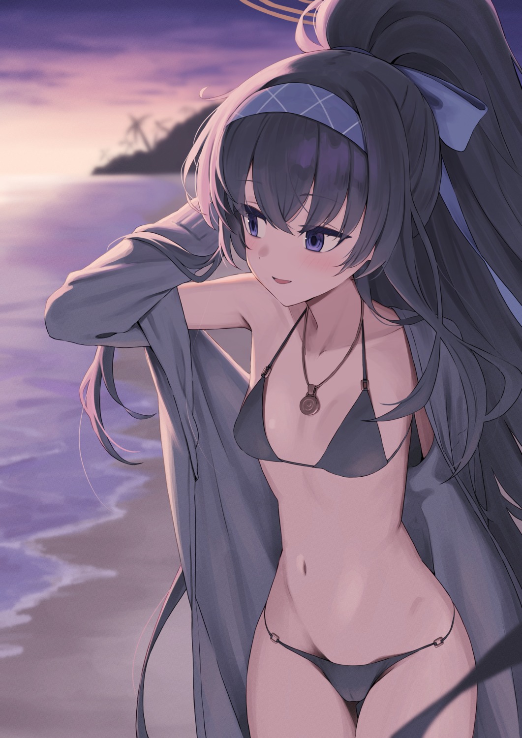 bikini blue_archive cameltoe halo karadborg kozeki_ui loli open_shirt sweater swimsuits