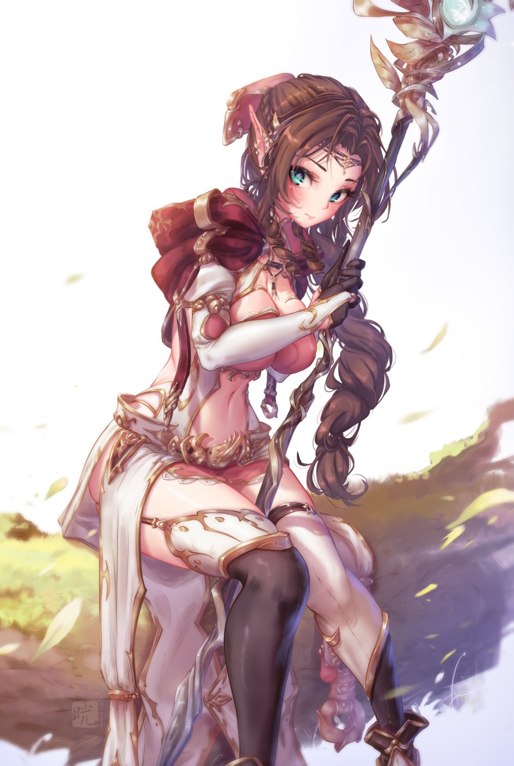 aerith_gainsborough final_fantasy final_fantasy_vii mitsu_(mitsu_art) pointy_ears stockings thighhighs