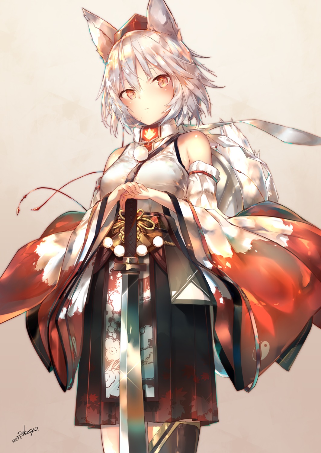 animal_ears inubashiri_momiji sakusyo sword tail thighhighs touhou