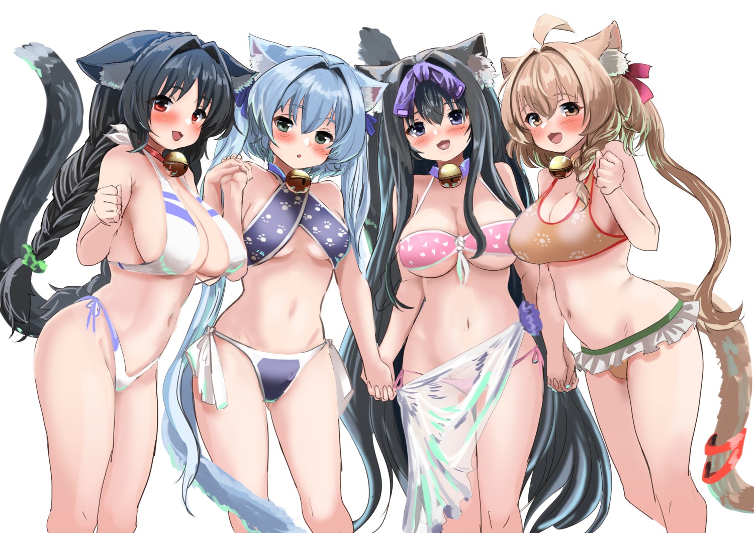 animal_ears arashio_(azur_lane) asashio_(azur_lane) azur_lane bikini hey_taisyou michishio_(azur_lane) nekomimi ooshio_(azur_lane) see_through sketch swimsuits tail