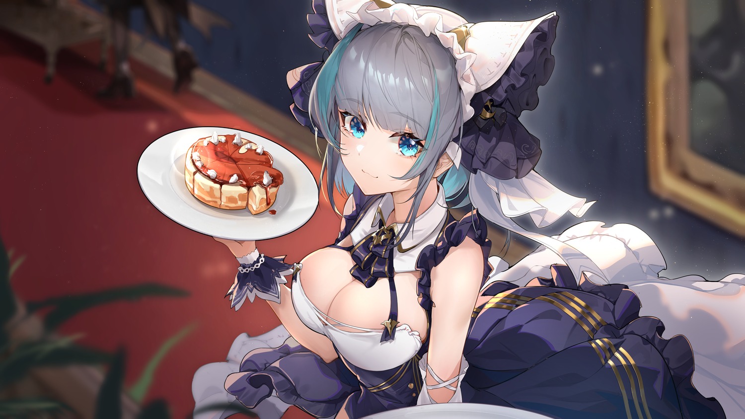 animal_ears areola azur_lane cheshire_(azur_lane) dearduam maid nekomimi no_bra wallpaper