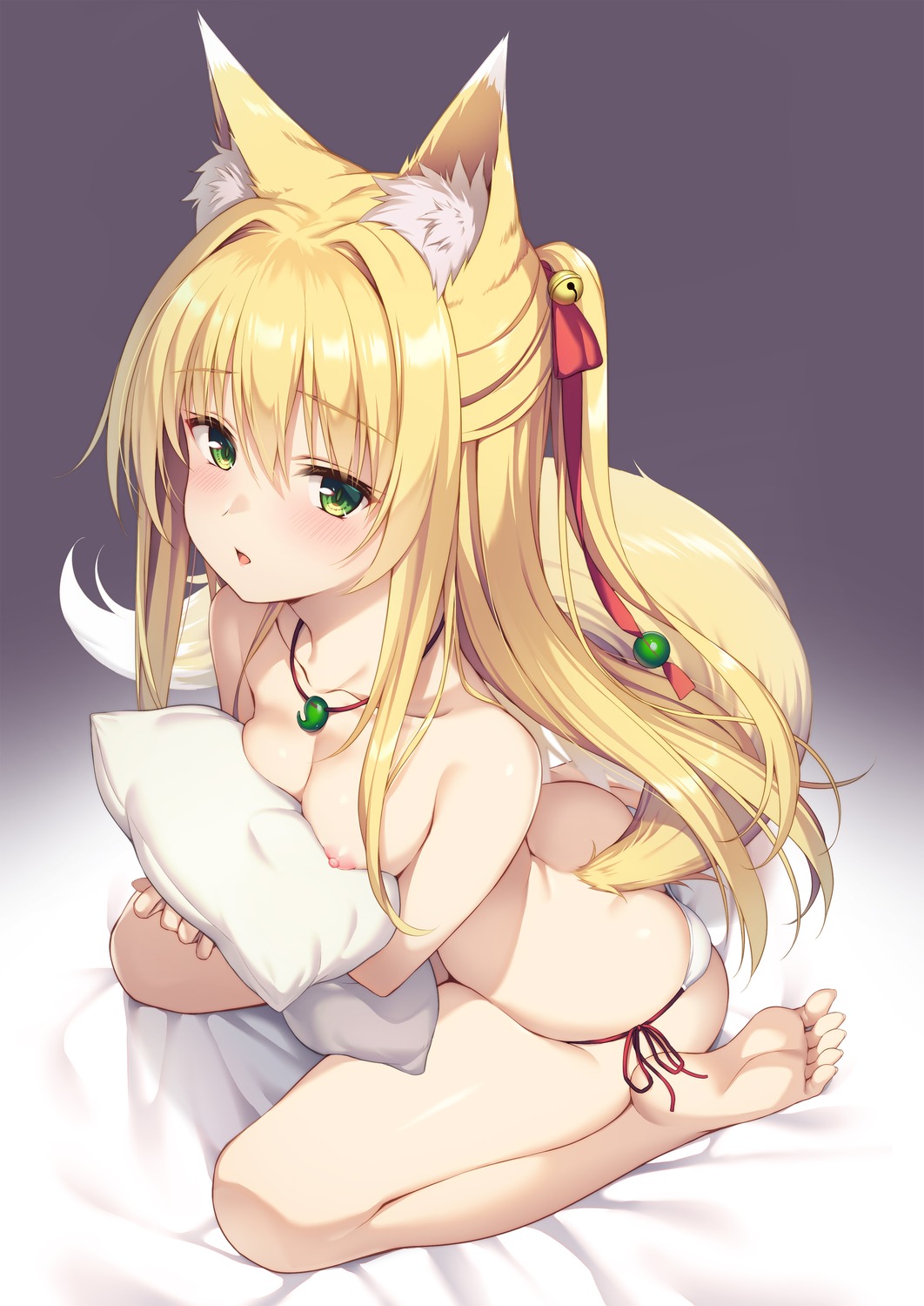 animal_ears breast_hold izuna_(yuzuka) kitsune nipples pantsu string_panties tail topless yuzuka