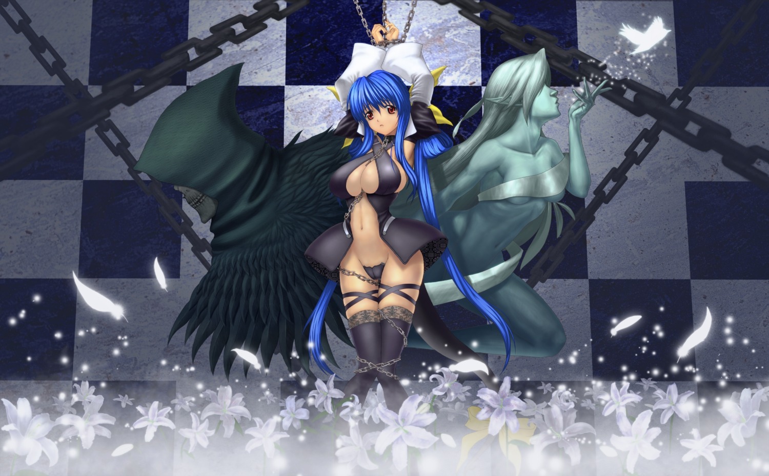 bondage cameltoe cleavage dizzy dress guilty_gear kenichi maebari naked_ribbon necro pointy_ears tail thighhighs underboob undine wings