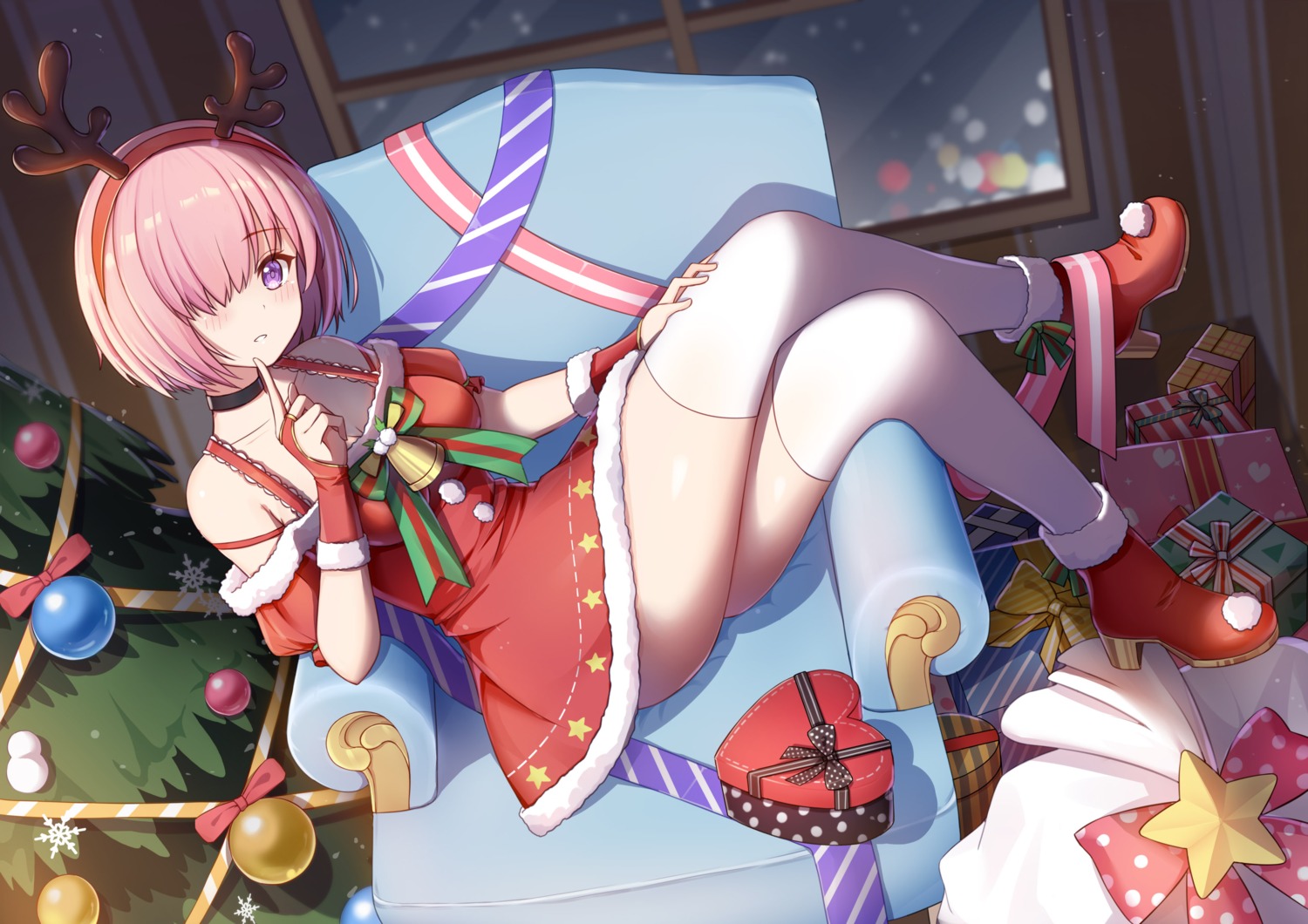 christmas dress fate/grand_order heels horns mash_kyrielight red_plate_(kyuu45) thighhighs