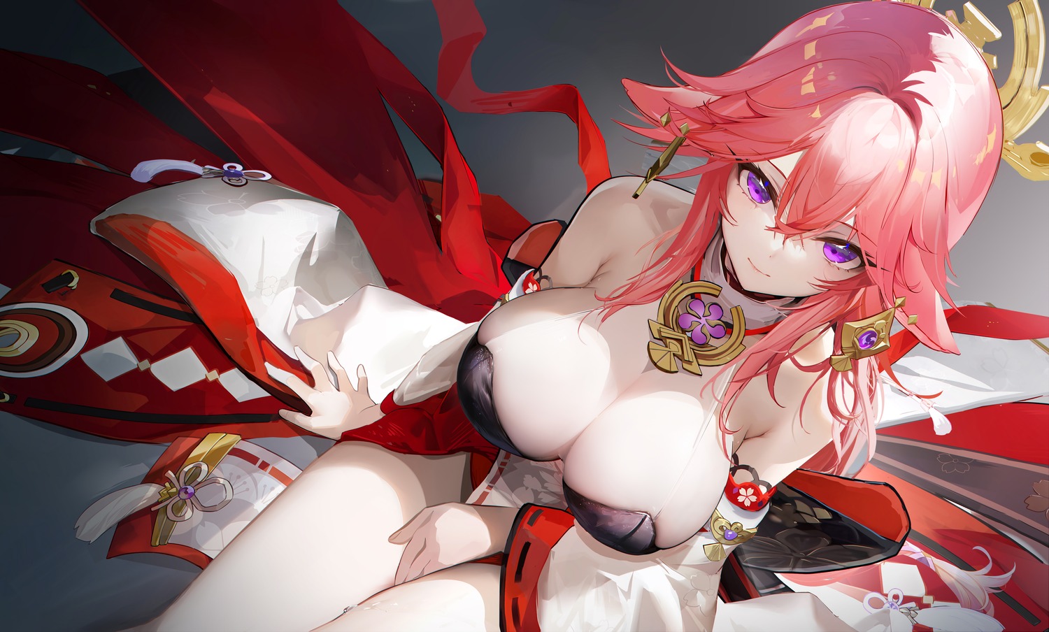 animal_ears genshin_impact japanese_clothes kitsune no_bra omone_hokoma_agm yae_miko