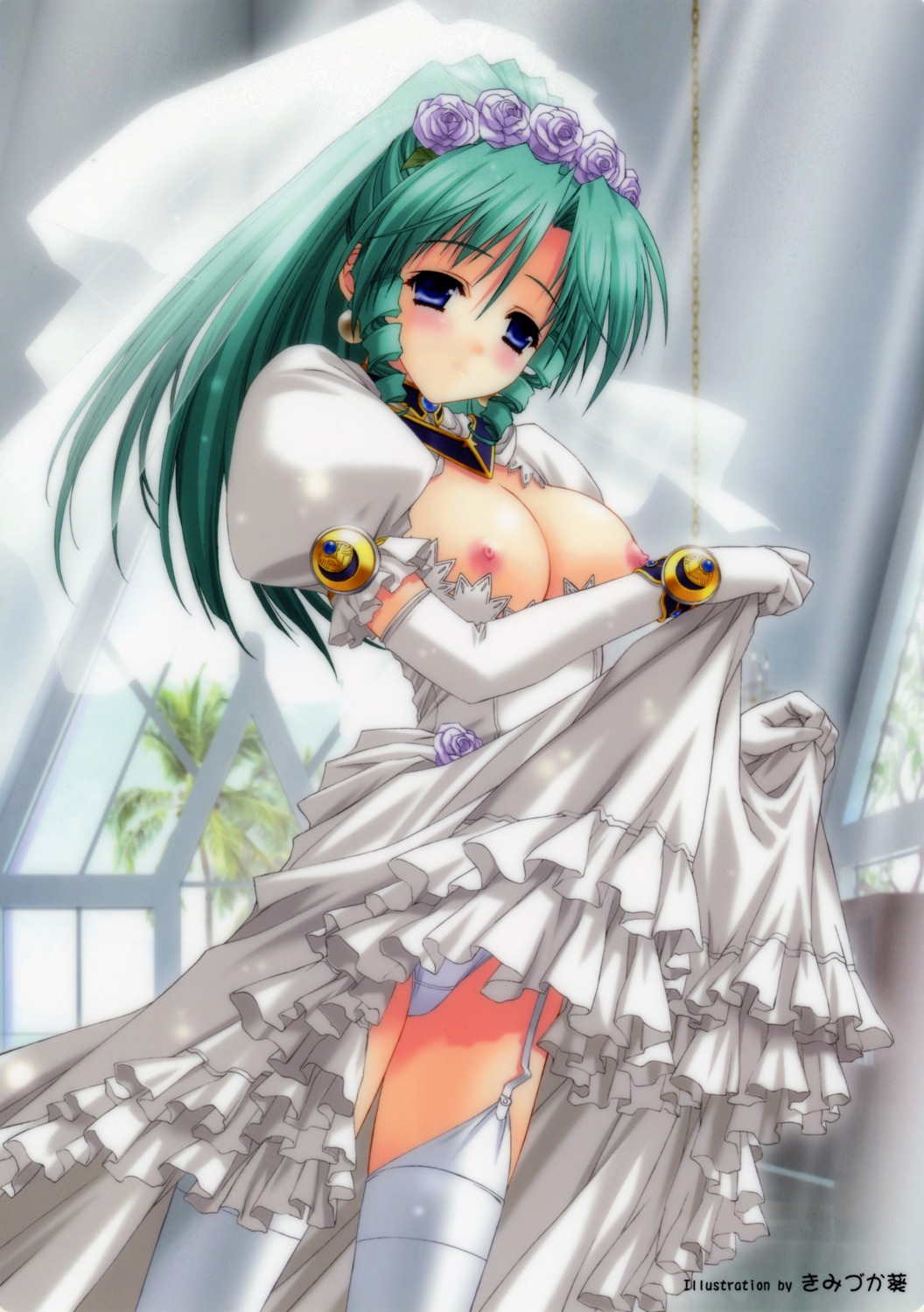 breasts dress kimizuka_aoi nipples pantsu skirt_lift stockings thighhighs wedding_dress