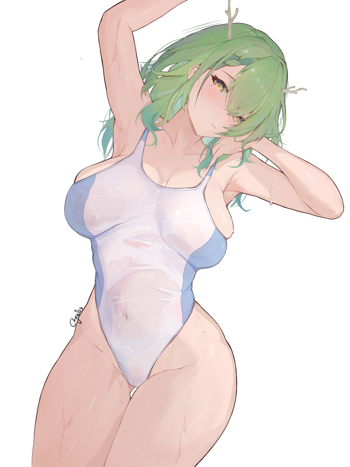 ceres_fauna chyraliss hololive hololive_english horns see_through swimsuits wet_clothes