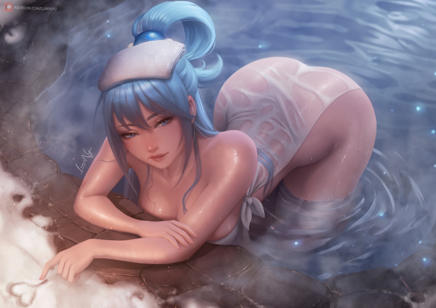 aqua_(konosuba) ass kono_subarashii_sekai_ni_shukufuku_wo! luminyu onsen see_through thighhighs towel wet