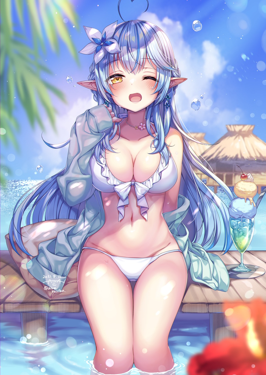 bikini cleavage elf hololive kashiba_aira open_shirt pointy_ears swimsuits wet yukihana_lamy