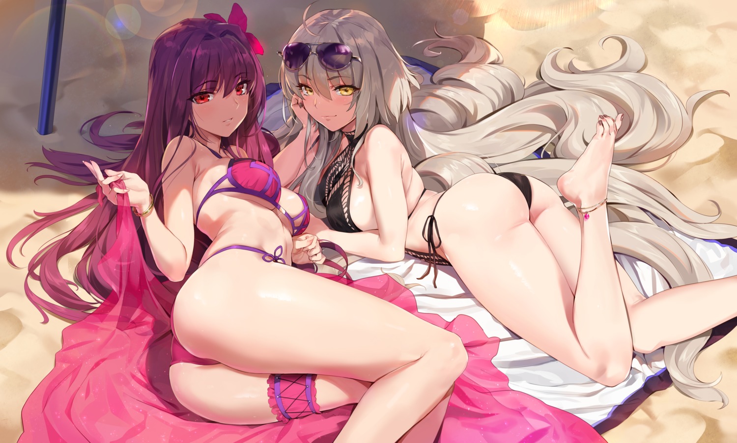 ass bikini fate/grand_order feet garter jeanne_d'arc jeanne_d'arc_(alter)_(fate) megane scathach_(fate/grand_order) swimsuits underboob yd_(orange_maru)