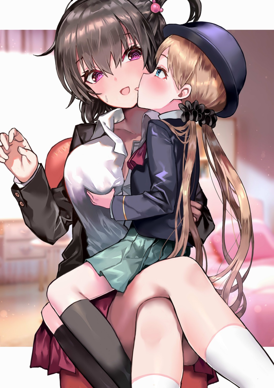 breast_grab denchu_(kazudentyu) loli seifuku yuri