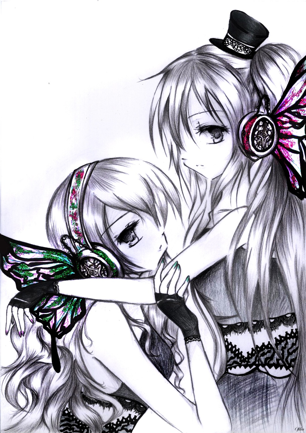 fish hatsune_miku megurine_luka monochrome vocaloid