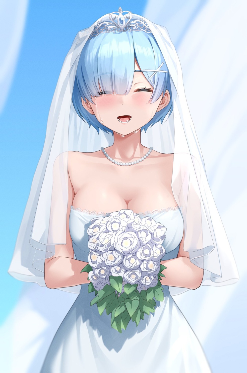 cleavage dress kiona no_bra re_zero_kara_hajimeru_isekai_seikatsu rem_(re_zero) wedding_dress