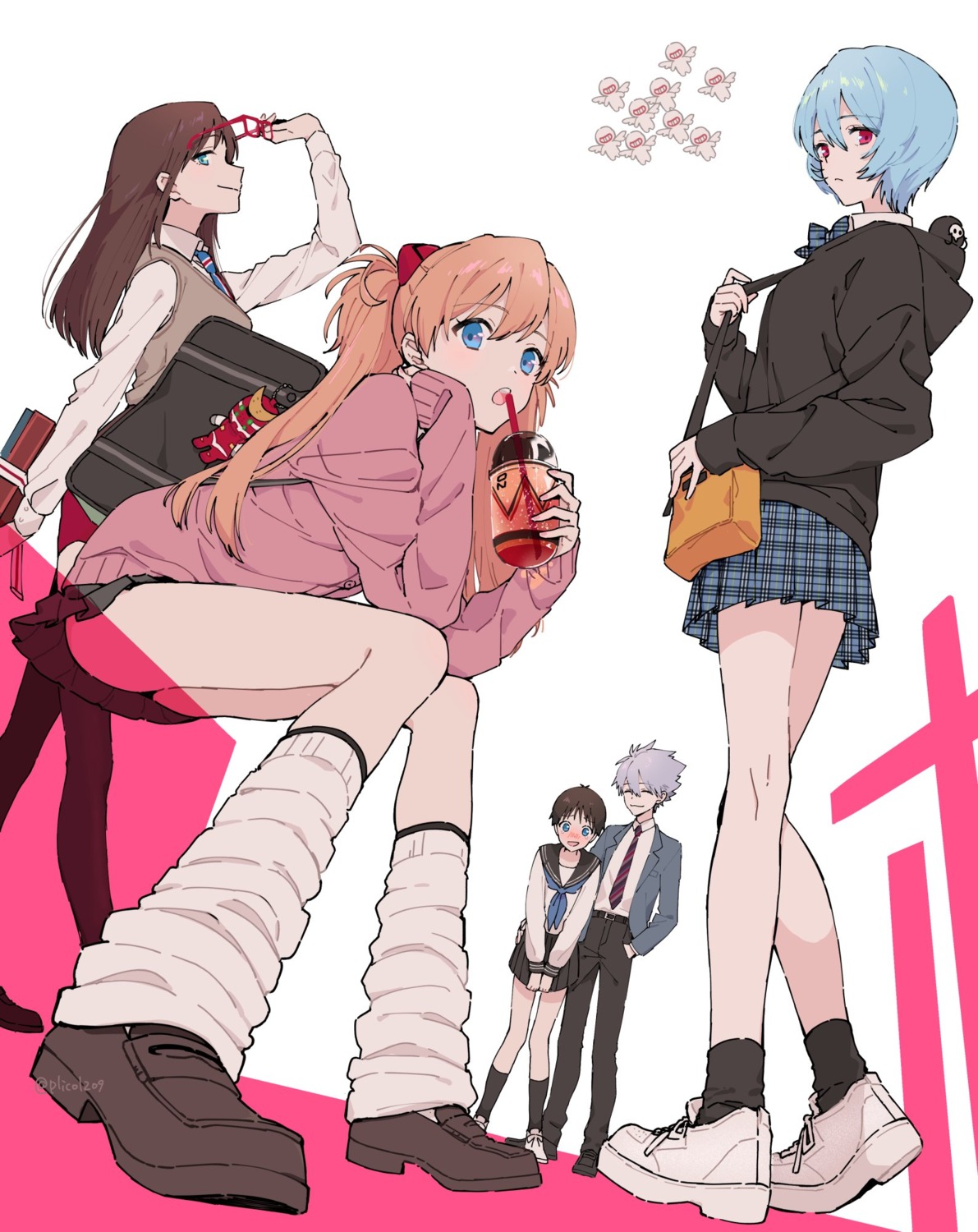 ayanami_rei crossdress ikari_shinji makinami_mari_illustrious megane nagisa_kaworu neon_genesis_evangelion plico_(nicoma) seifuku skirt_lift souryuu_asuka_langley sweater