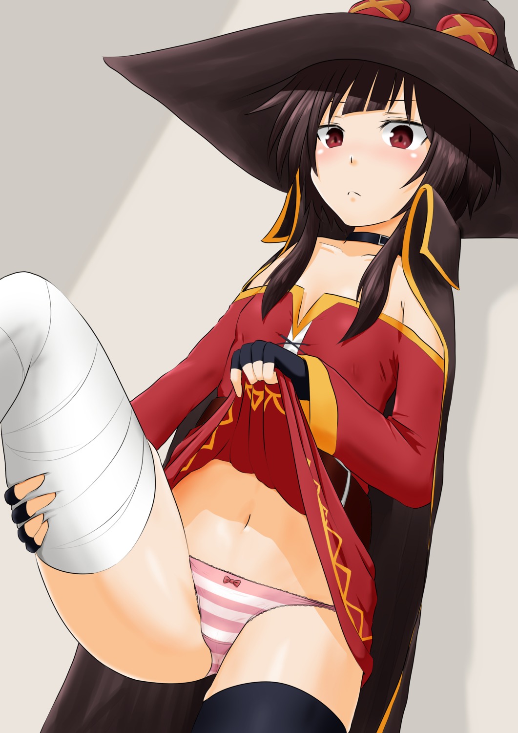 bandages dress kono_subarashii_sekai_ni_shukufuku_wo! megumin no_bra open_shirt pantsu shimapan sirokohi skirt_lift thighhighs witch