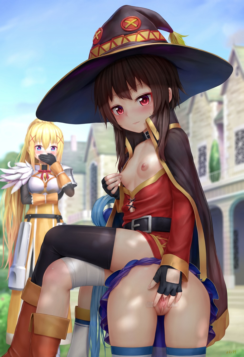 aki99 aqua_(konosuba) armor ass bandages dustiness_ford_raratina fingering kono_subarashii_sekai_ni_shukufuku_wo! loli megumin nipples no_bra nopan open_shirt pussy thighhighs uncensored witch