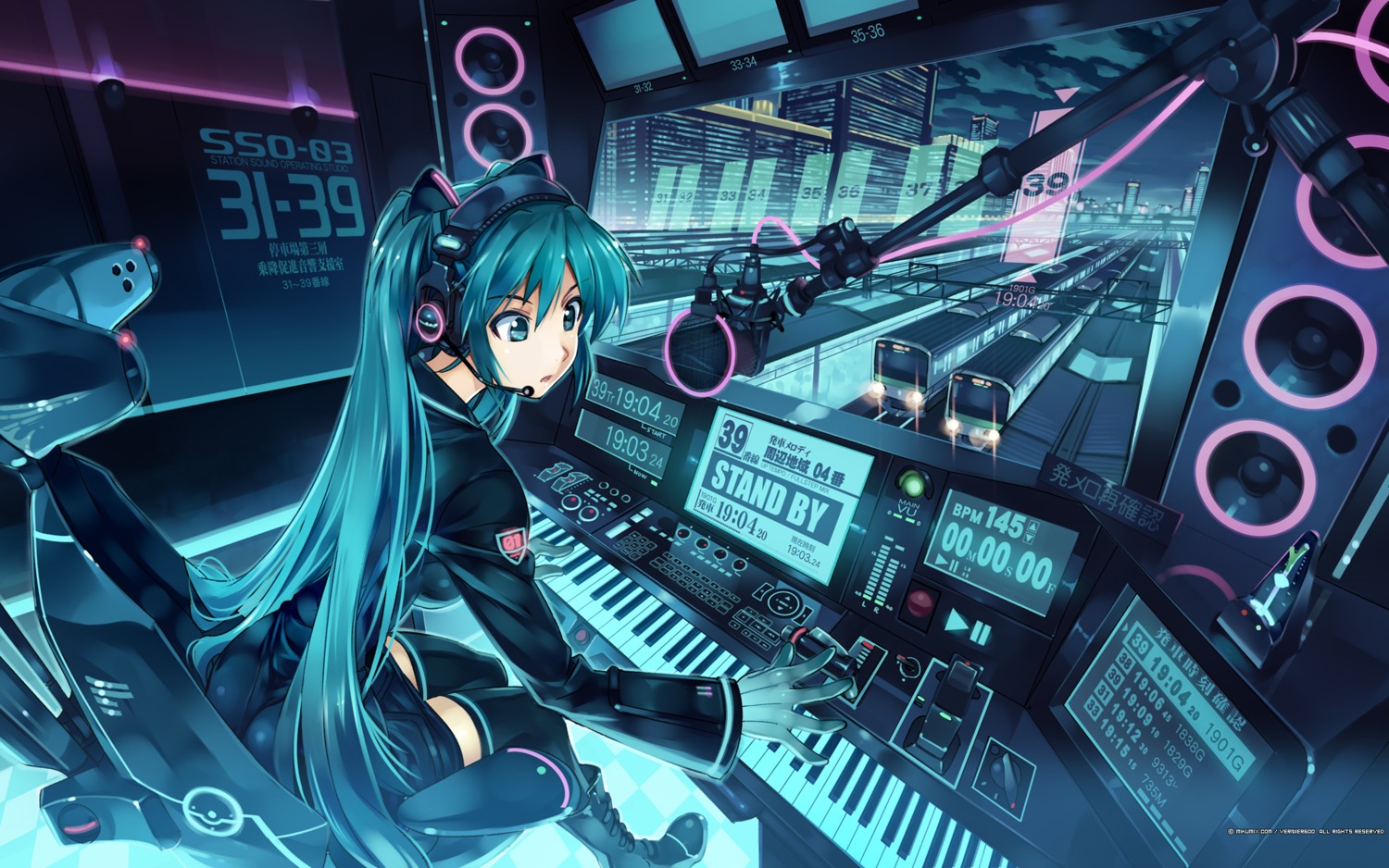 hatsune_miku headphones thighhighs vania600 vocaloid wallpaper