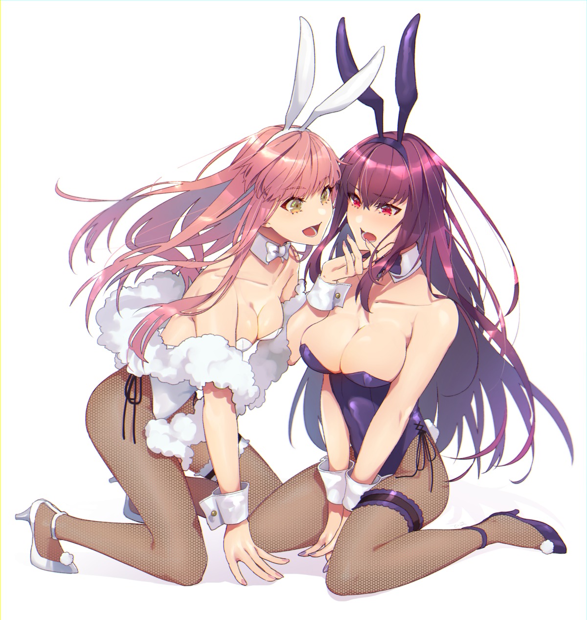 animal_ears bunny_ears bunny_girl fate/grand_order fishnets garter heels medb_(fate/grand_order) no_bra pantyhose scathach_(fate/grand_order) tail tia_(cocorosso) yuri