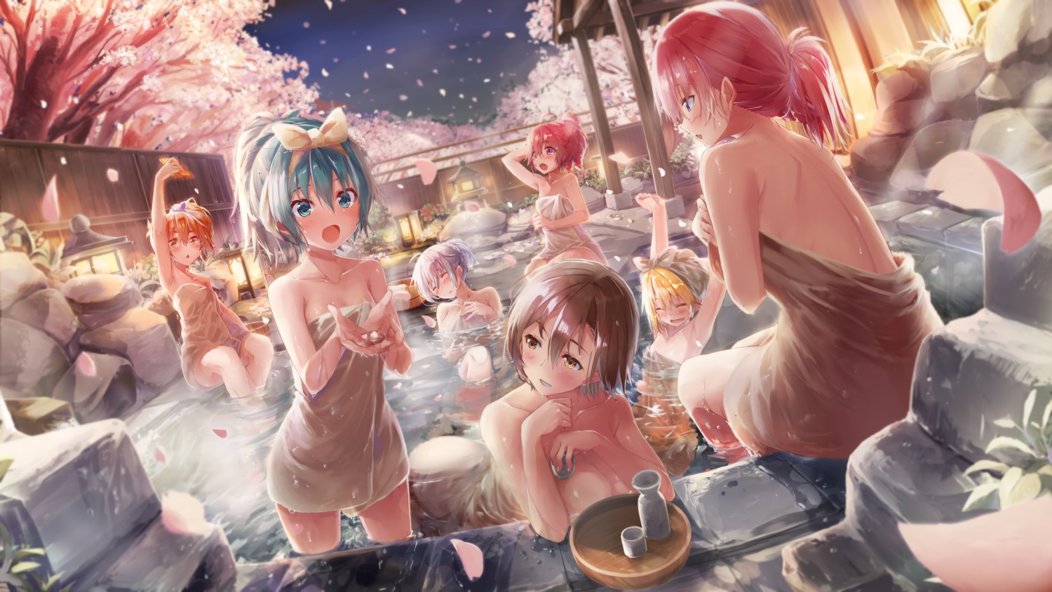 akita_neru bathing breast_hold daidou_(demitasse) hatsune_miku kagamine_rin kasane_teto megurine_luka meiko onsen sake towel utau vocaloid wet yowane_haku