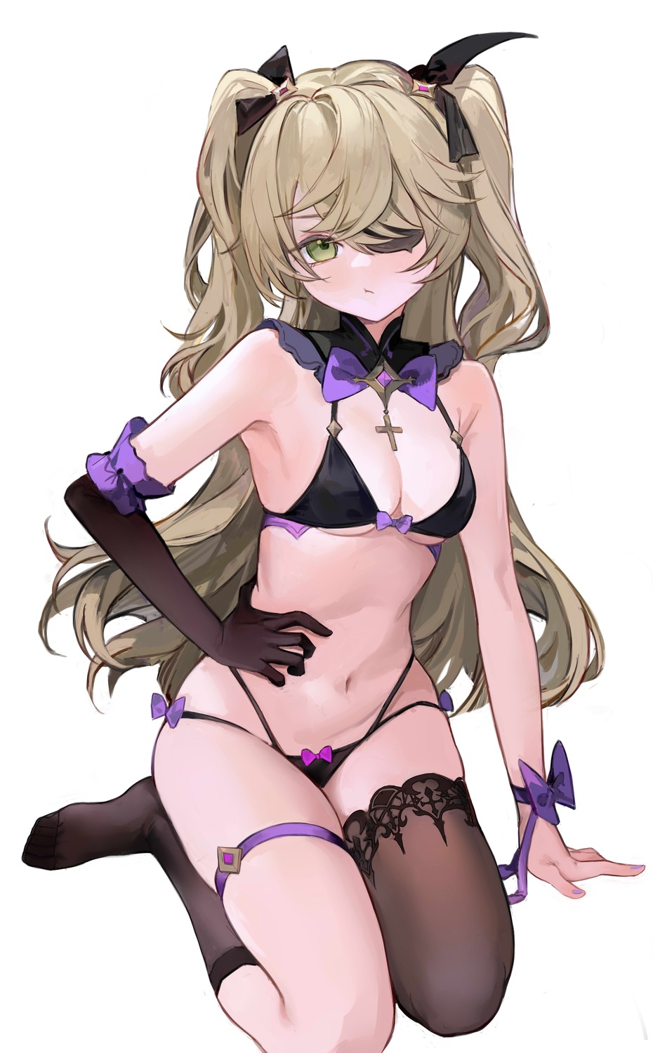 bra eyepatch fischl garter genshin_impact nagata_gata pantsu thighhighs