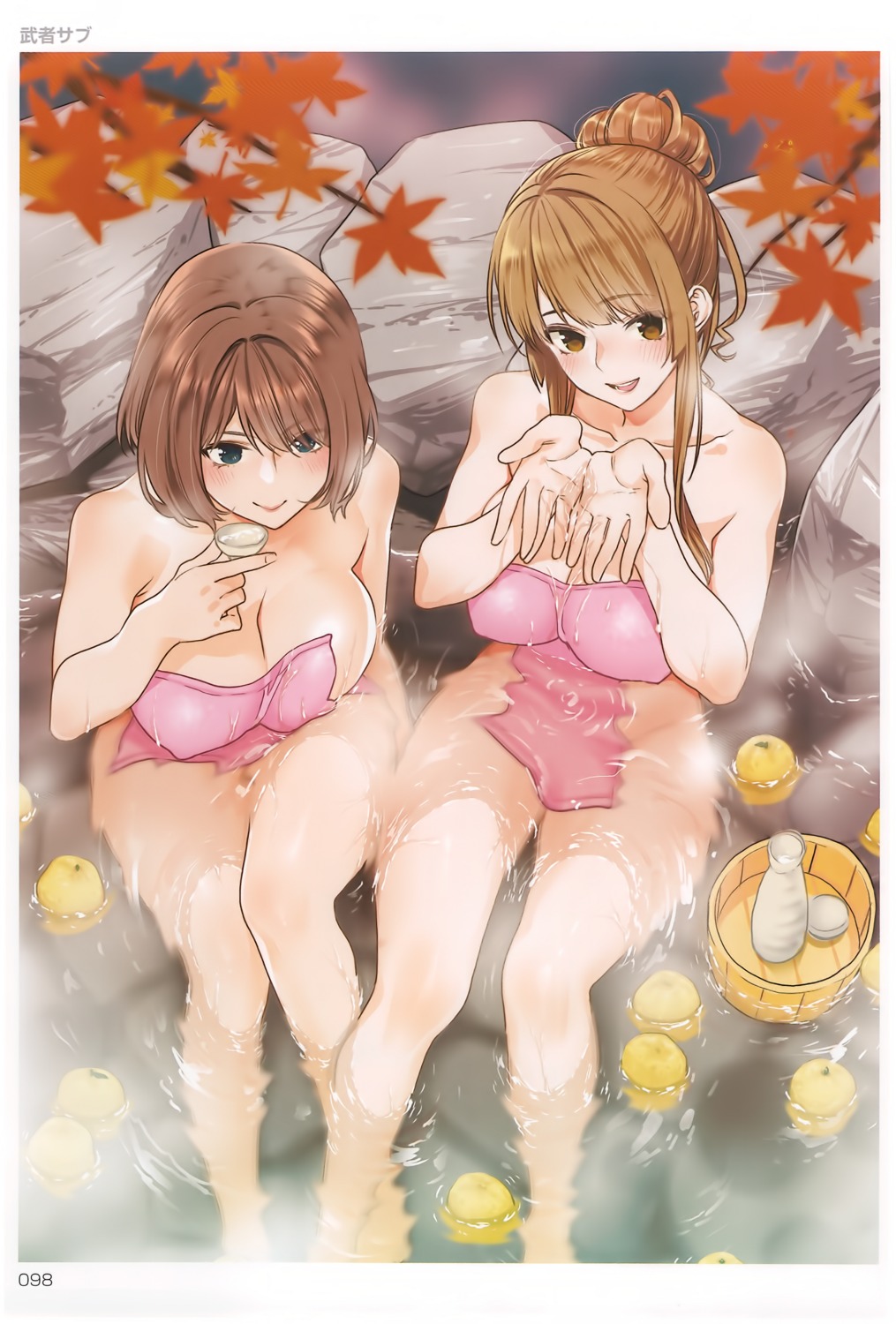 bathing cleavage musha_sabu naked onsen sake toranoana towel wet