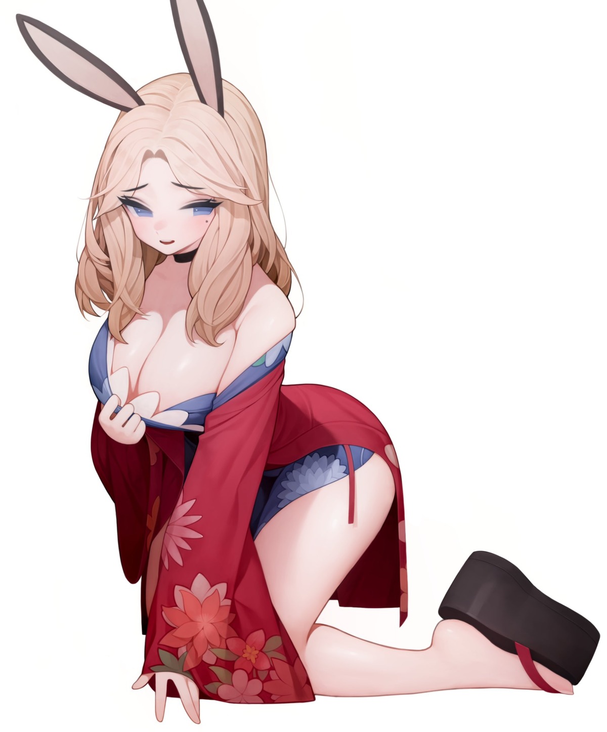 animal_ears bunny_ears kimono no_bra open_shirt rabbit_(wlsdnjs950) rabii undressing