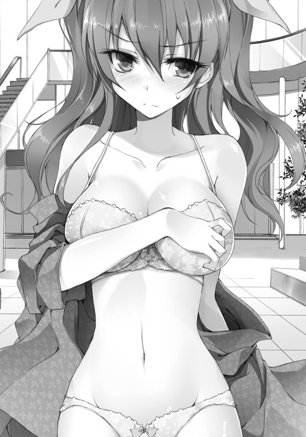bra breast_hold cleavage monochrome open_shirt pantsu rakudai_kishi_no_cavalry stella_vermillion won_(az_hybrid)
