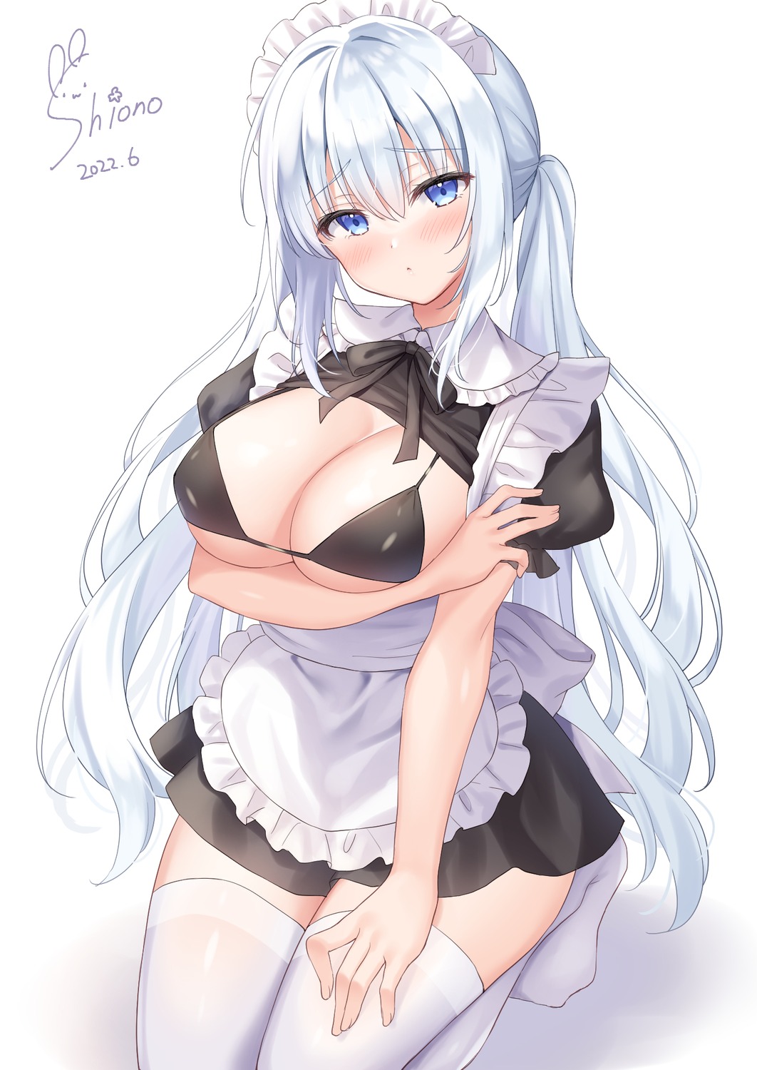 bra breast_hold maid open_shirt siooooono thighhighs