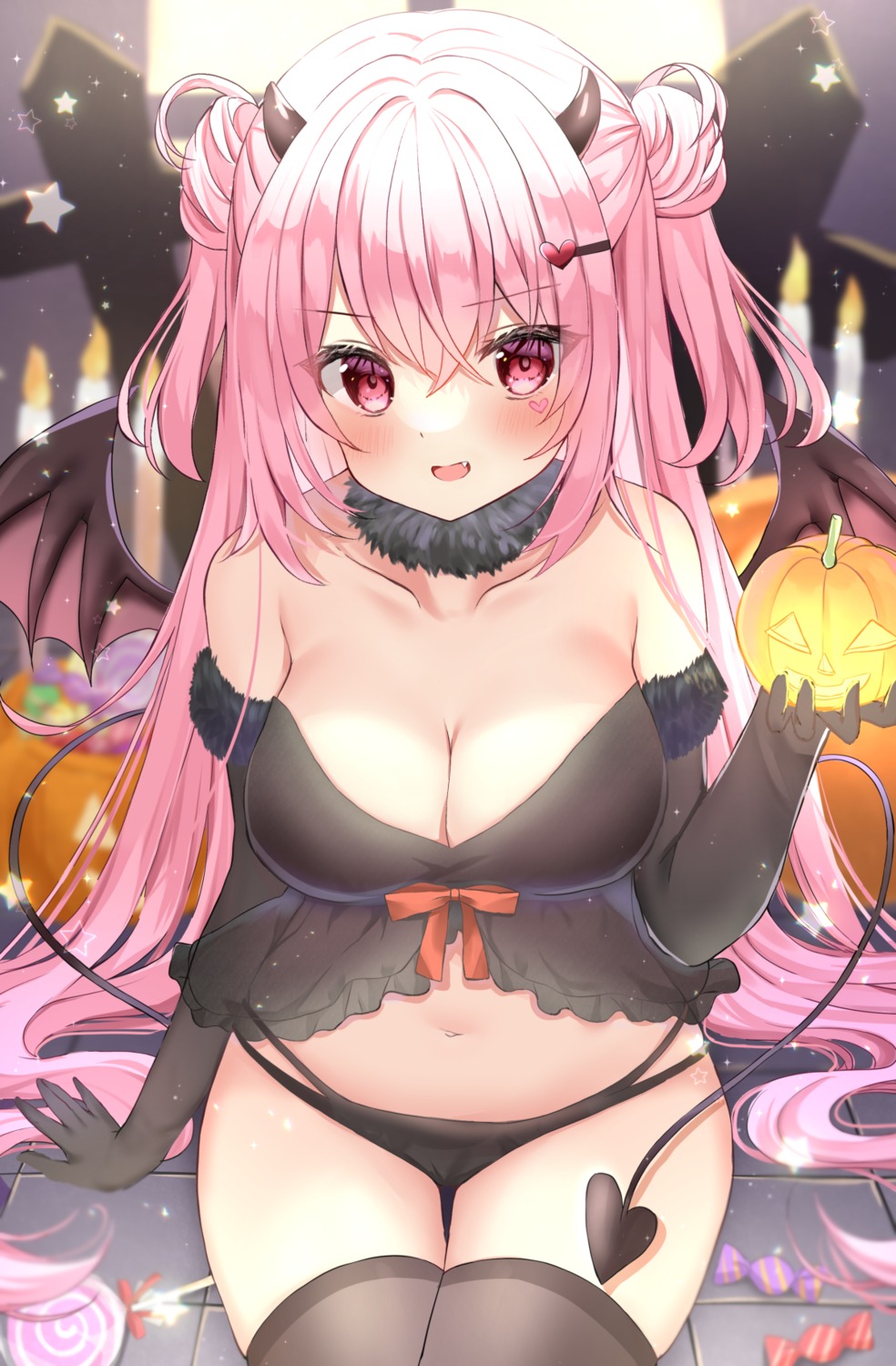 halloween hamico horns no_bra pantsu tail thighhighs