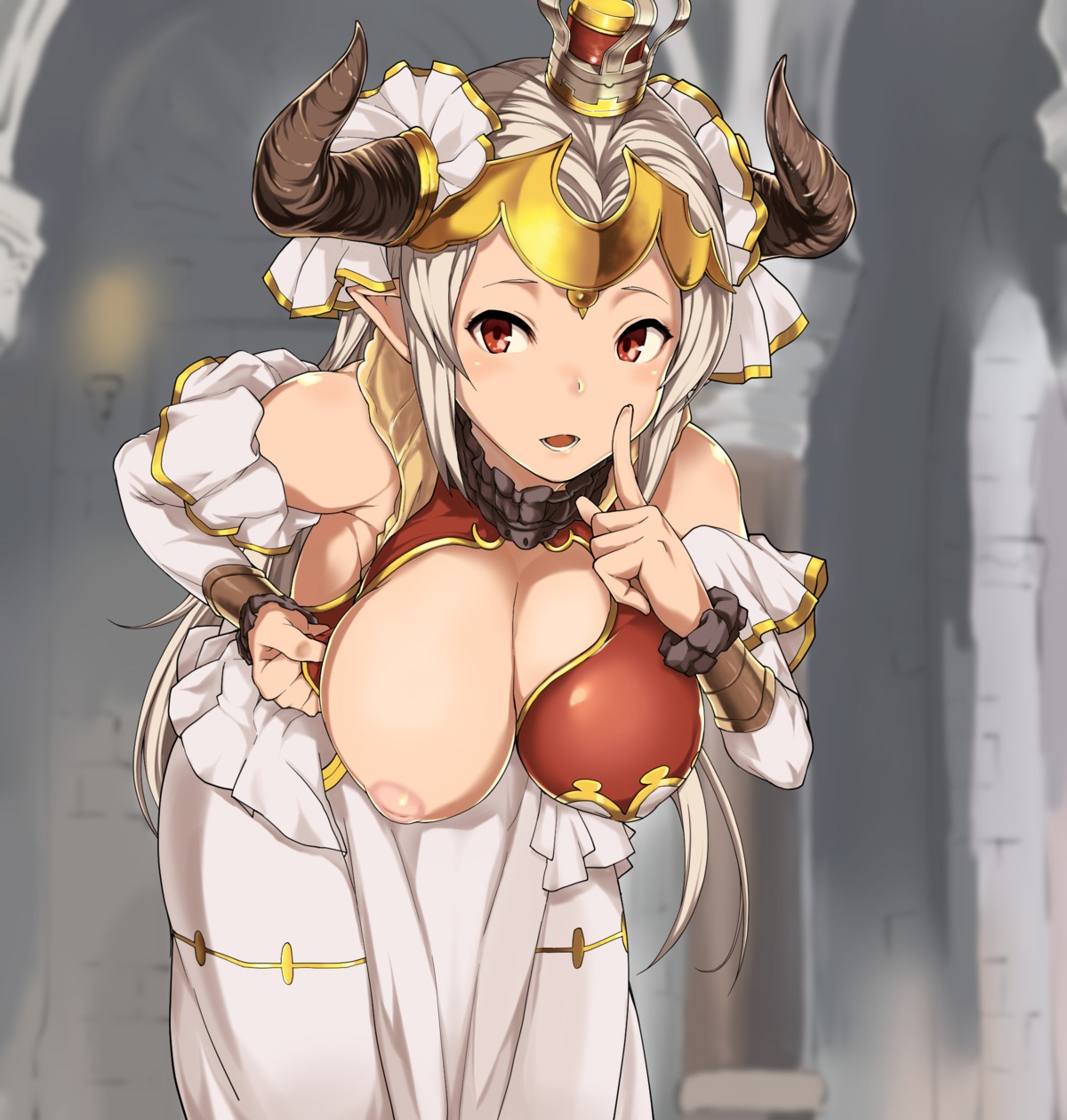 aleeza_(granblue_fantasy) breasts dress granblue_fantasy horns nipples no_bra open_shirt pointy_ears yozo