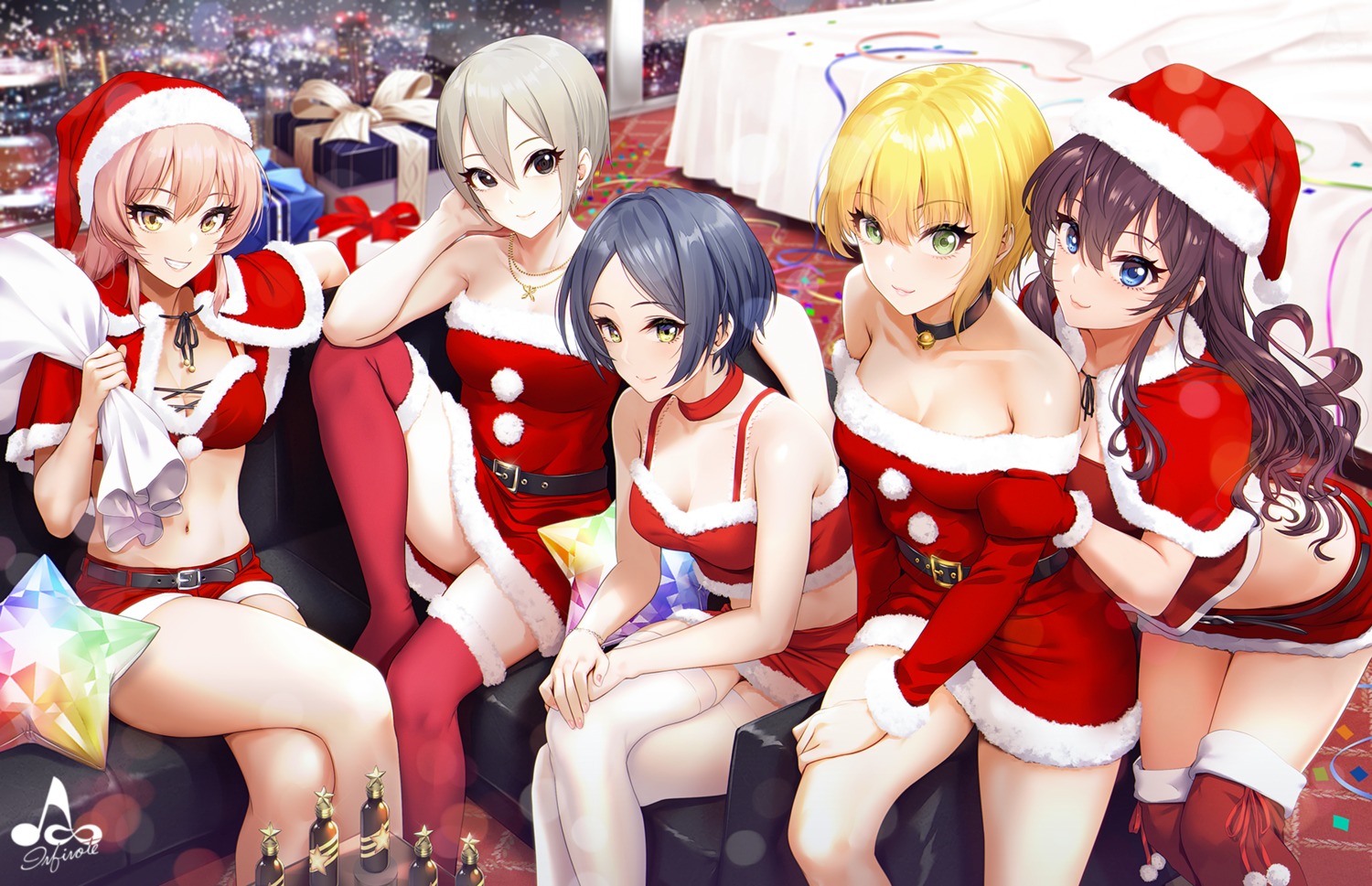 bra christmas cleavage dress hayami_kanade ichinose_shiki infinote jougasaki_mika miyamoto_frederica shiomi_shuuko skirt_lift the_idolm@ster the_idolm@ster_cinderella_girls thighhighs