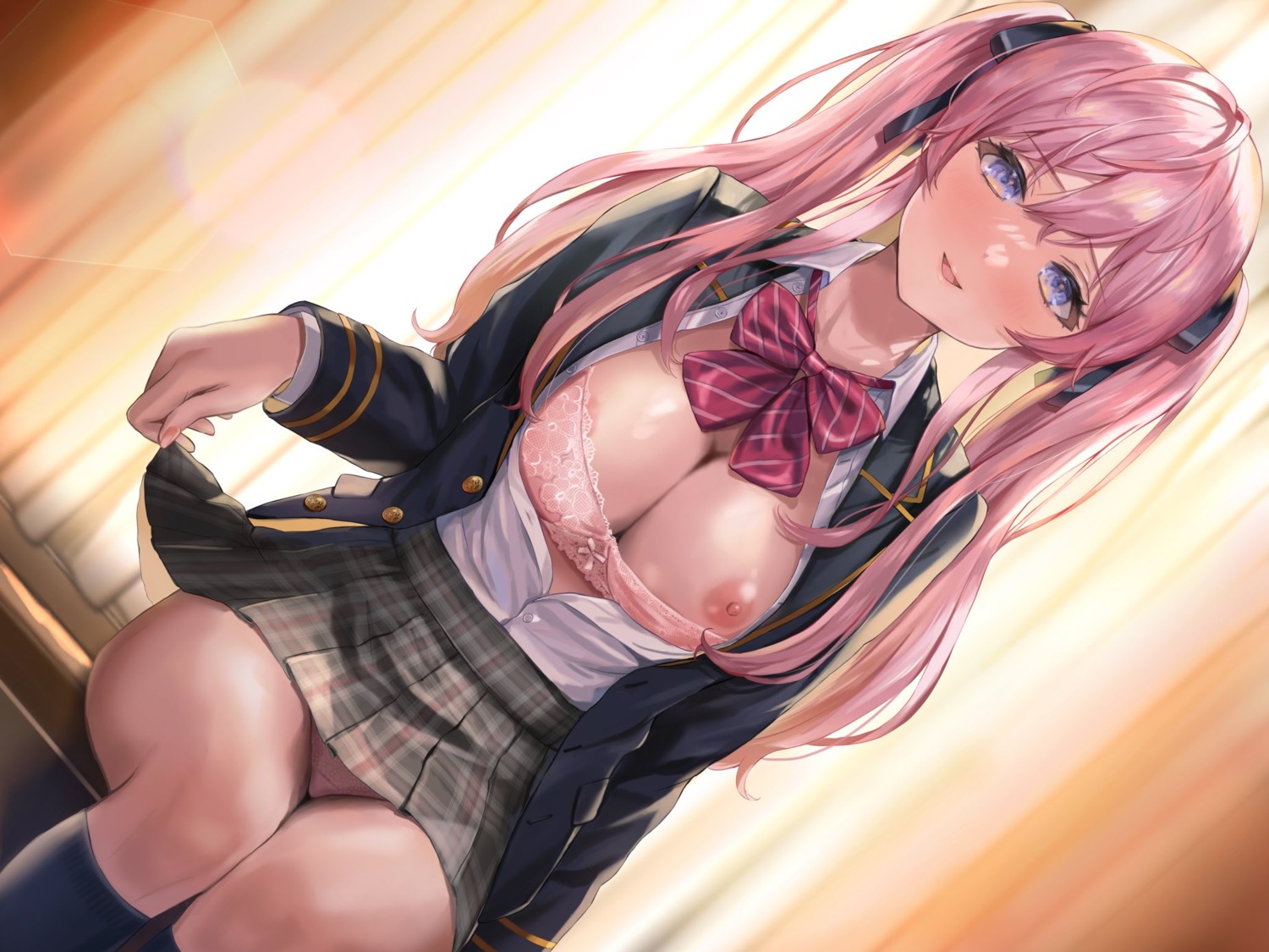 areola bra breasts nipples open_shirt pantsu sakamuke seifuku skirt_lift