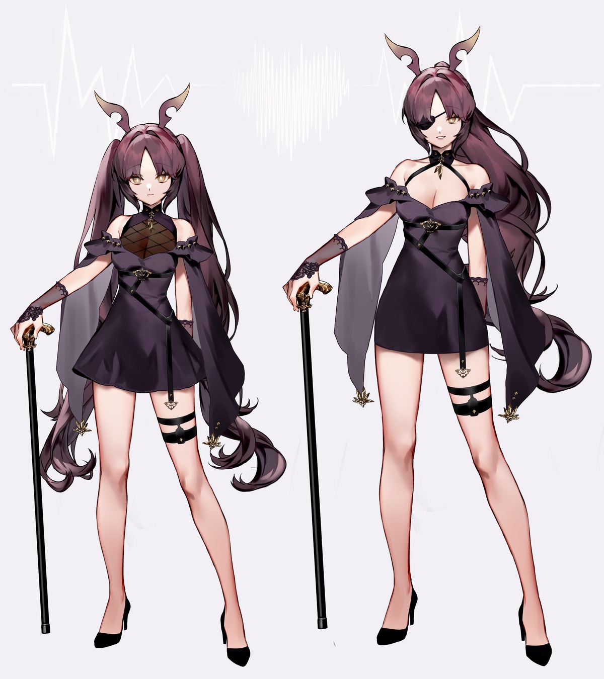 black_joa cleavage dress eyepatch fishnets garter heels horns