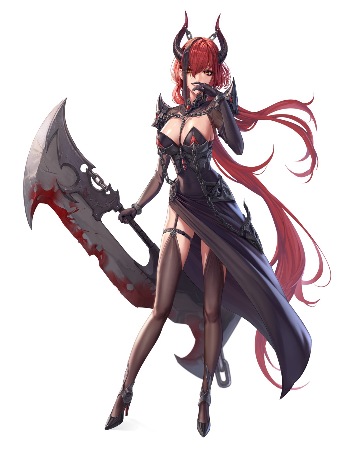 blood cryturtle dress garter heels horns stockings thighhighs weapon