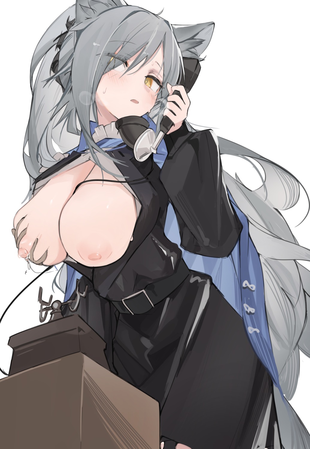 animal_ears arknights breast_grab breasts mikojin nipples no_bra open_shirt schwarz_(arknights)