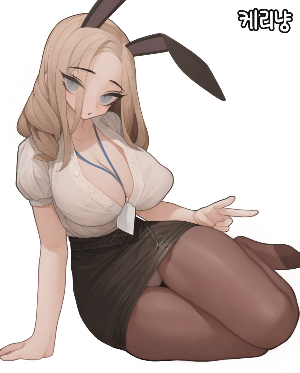 animal_ears bunny_ears dress_shirt erect_nipples no_bra open_shirt pantsu pantyhose rabbit_(wlsdnjs950) rabii skirt_lift