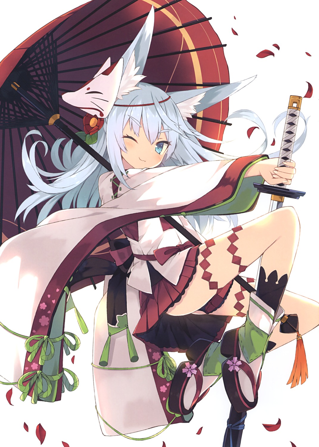 animal_ears garter japanese_clothes nibiiro_shizuka sword umbrella