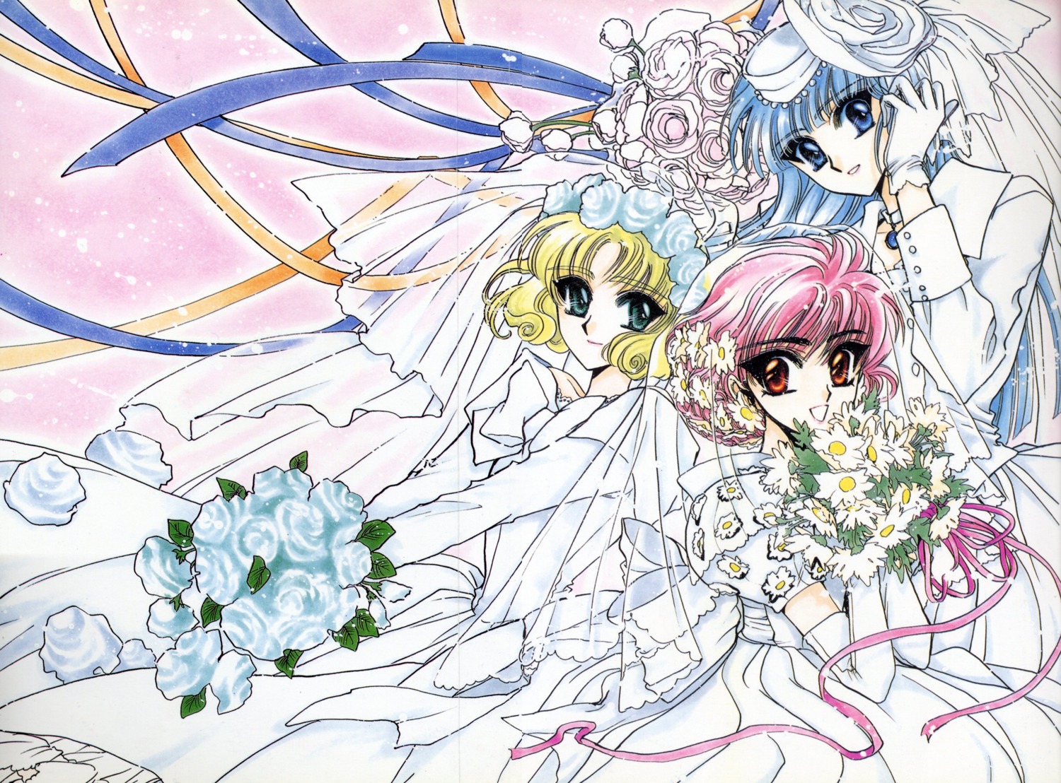 clamp dress hououji_fuu magic_knight_rayearth ryuuzaki_umi shidou_hikaru wedding_dress