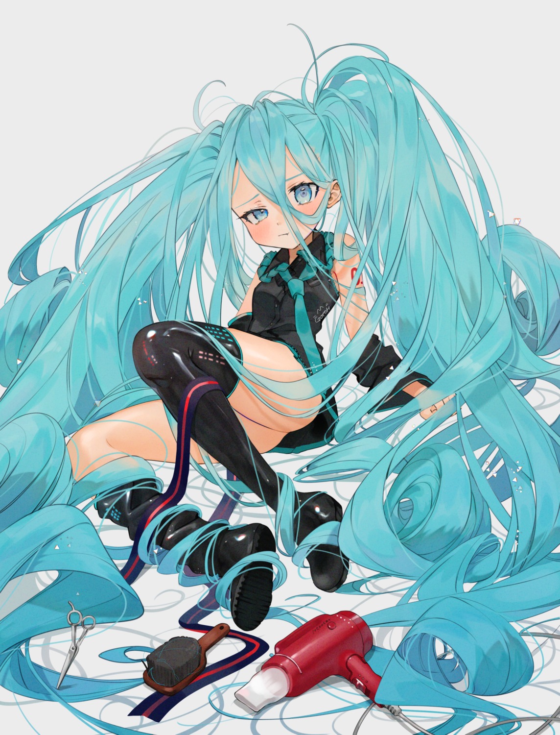 gotoh510 hatsune_miku skirt_lift tattoo thighhighs vocaloid